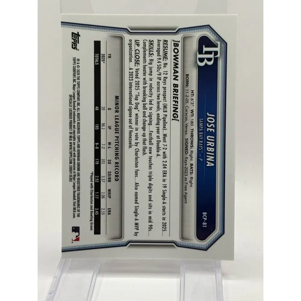 2026 Bowman Sapphire Jose Urbina 1st Gold Refractor 10/50 SP Tampa Bay Rays